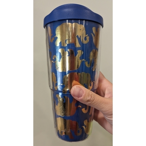 Lilly Pulitzer Insulated Tumbler with Lid in Elephant Blue Gold Print - Picture 1 of 9